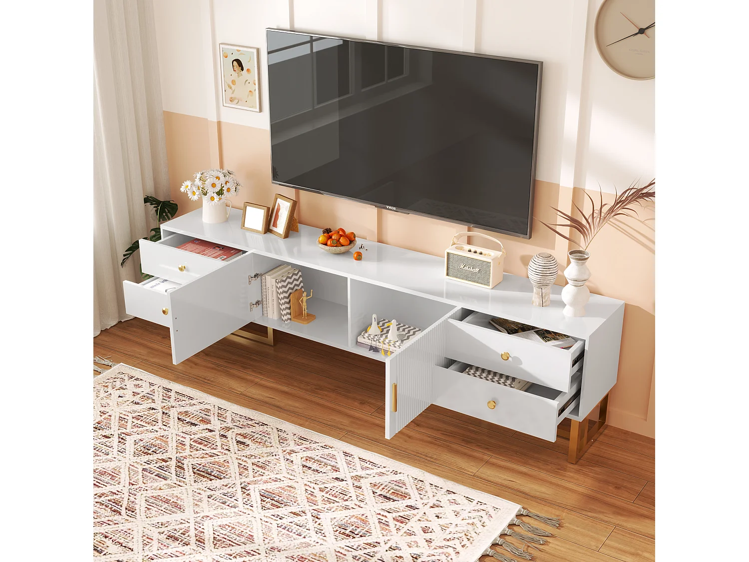 TV-meubel met 2 deuren en 4 lades - 175 x 30 x 46 cm - MDF hout, goud metalen poten en handgrepen - wit