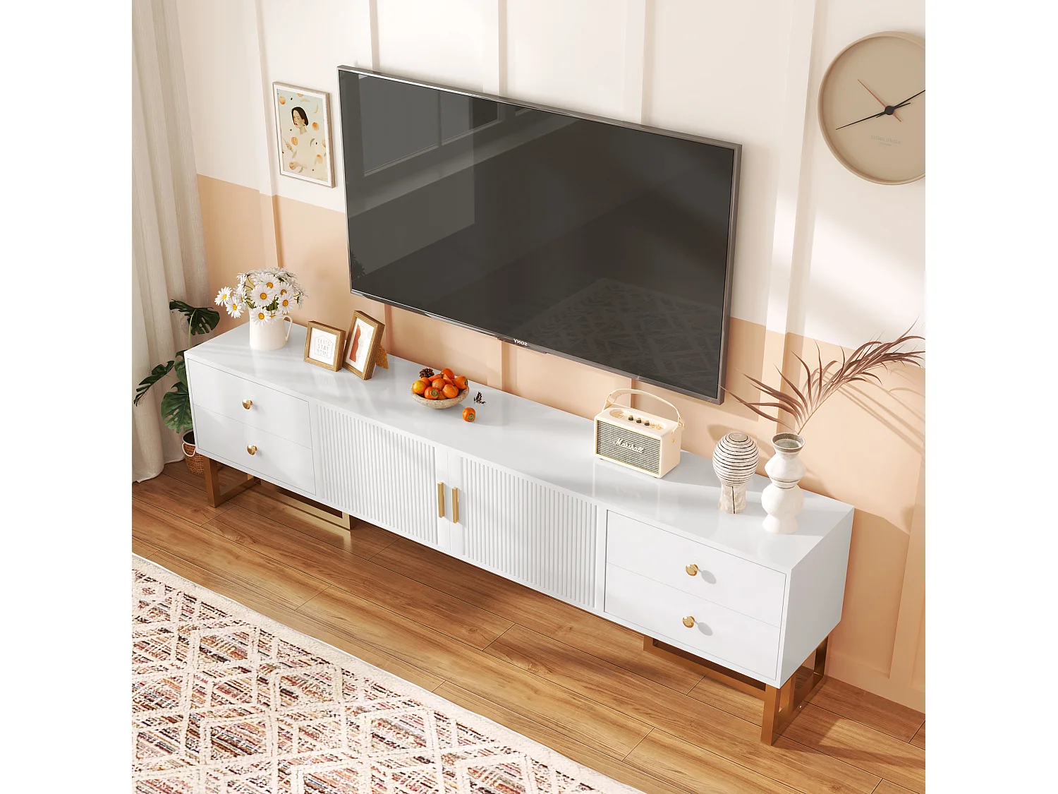 Meuble TV avec 2 portes et 4 tiroirs - 175 x 30 x 46 cm - bois MDF, pièds et poignées en métal doré - blanc