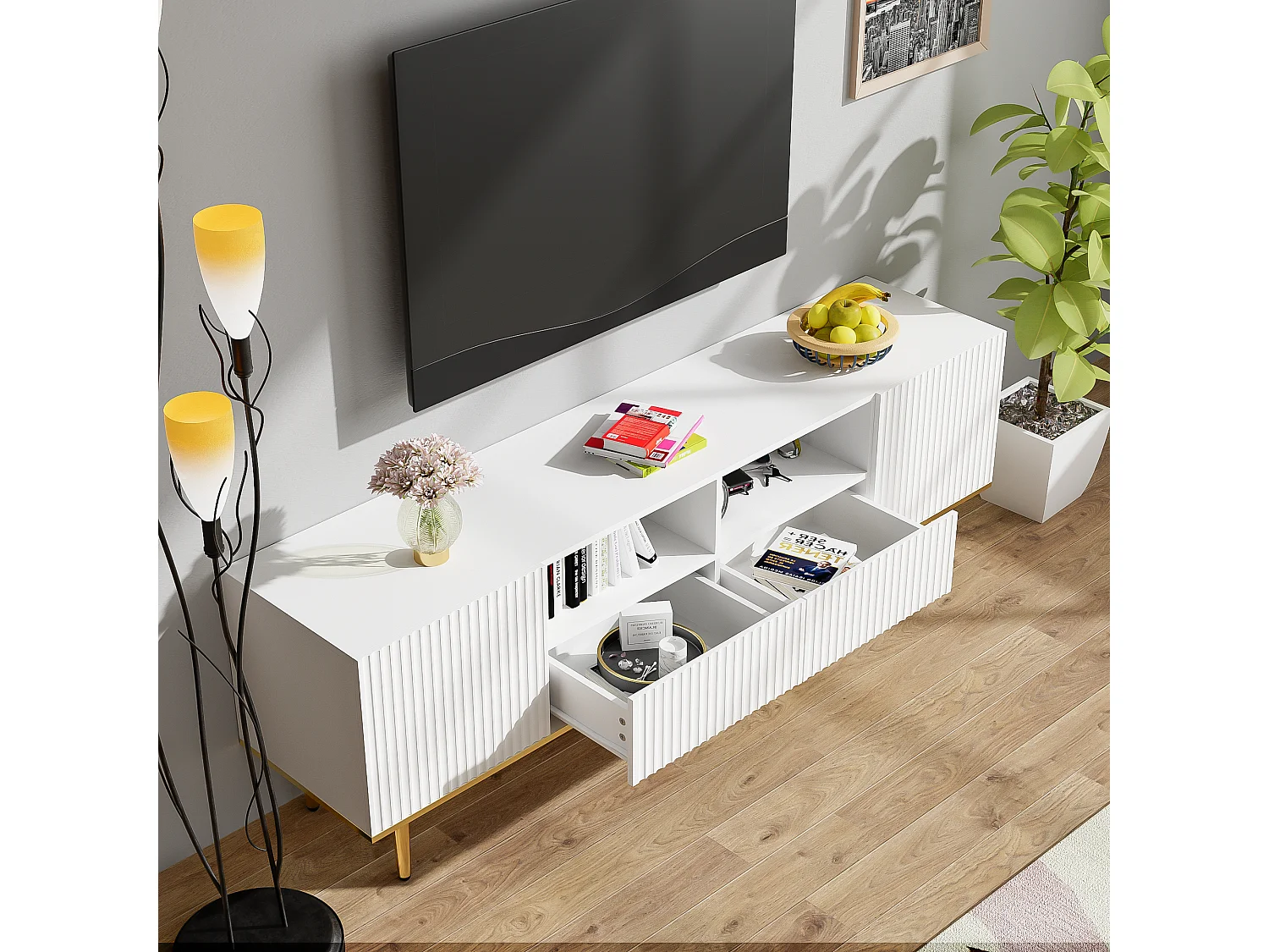 TV-Schrank mit 2 Schubladen, 2 Türen und 2 Nischen – 165 x 36 x 55 cm – vertikales Streifenmuster – Spanplatte – weiß