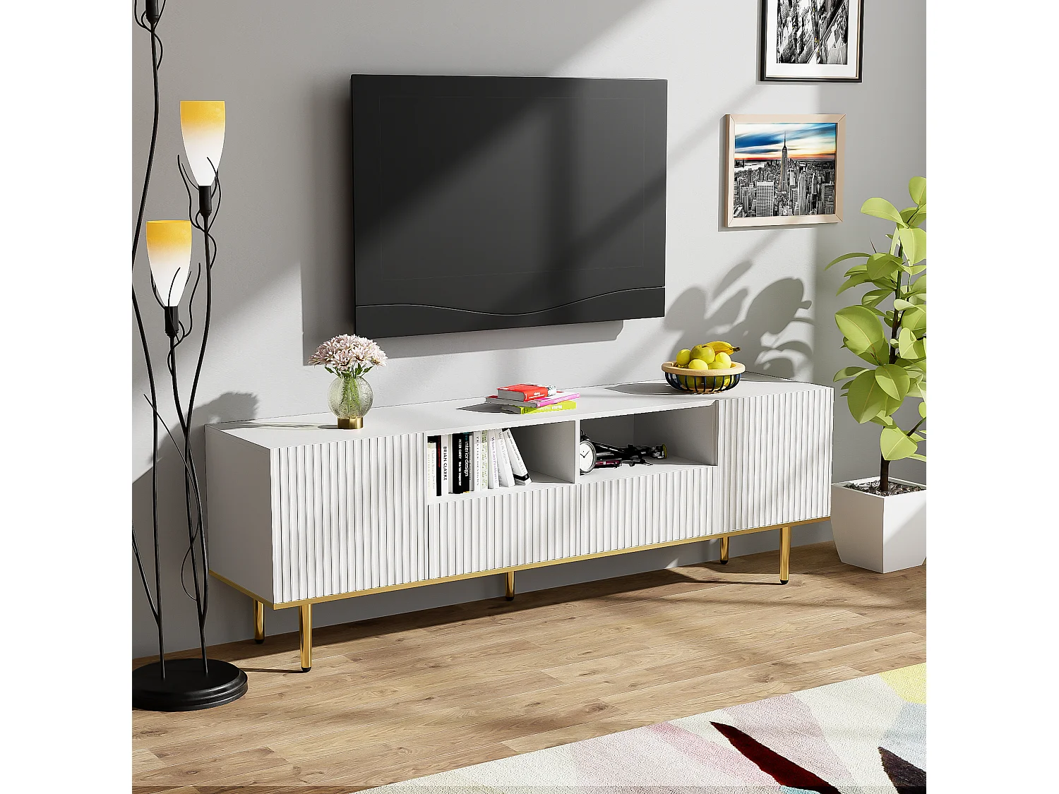 TV-Schrank mit 2 Schubladen, 2 Türen und 2 Nischen – 165 x 36 x 55 cm – vertikales Streifenmuster – Spanplatte – weiß