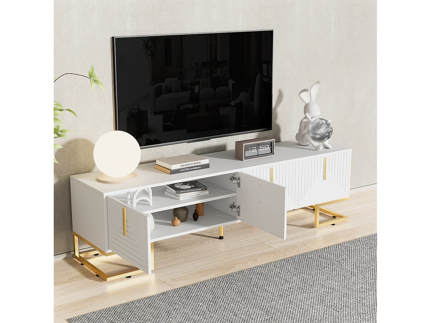 Meuble TV avec 4 portes structurée - 170x40x45,5 cm - Poignées dorées et pieds dorés - Panneaux de particules - Blanc