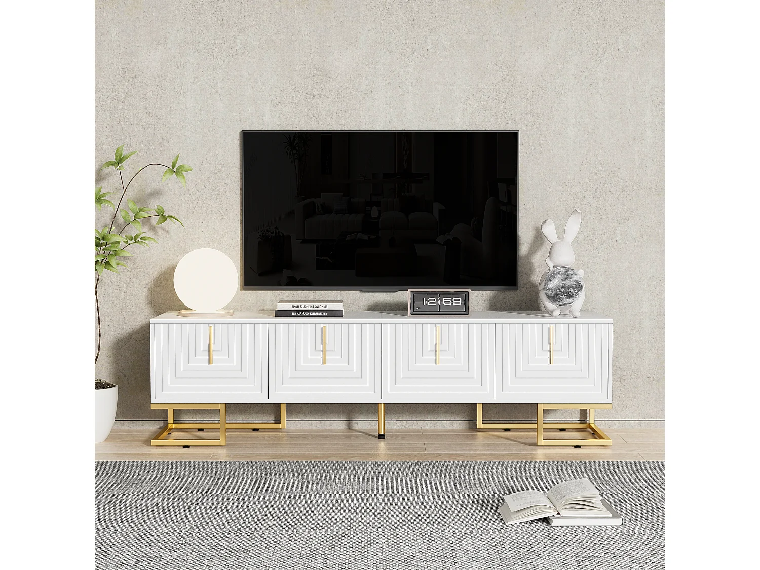 TV-meubel met 4 gestructureerde deuren - 170x40x45,5 cm - Gouden handgrepen en gouden poten - Spaanplaat - Wit