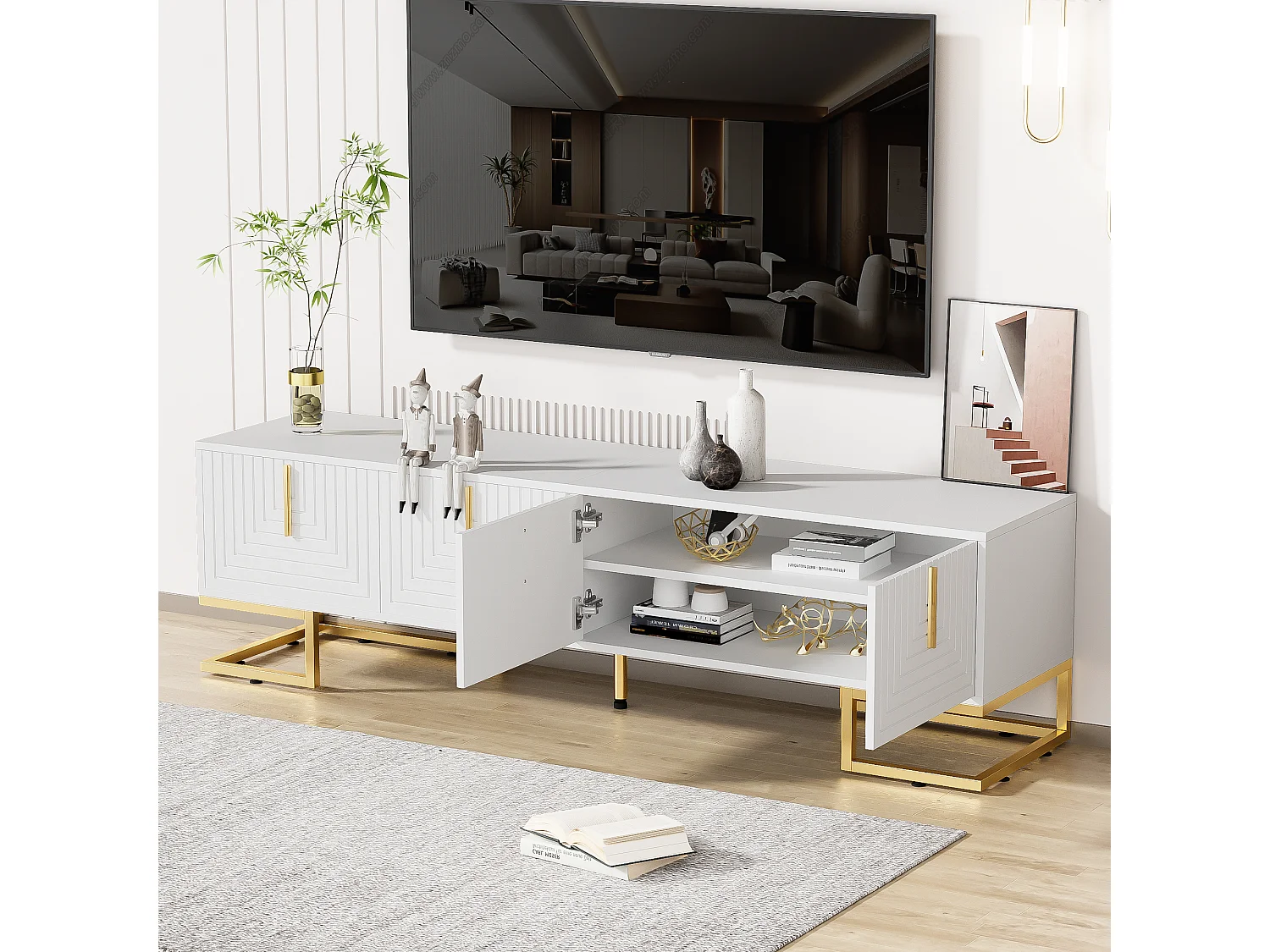 TV-meubel met 4 gestructureerde deuren - 170x40x45,5 cm - Gouden handgrepen en gouden poten - Spaanplaat - Wit