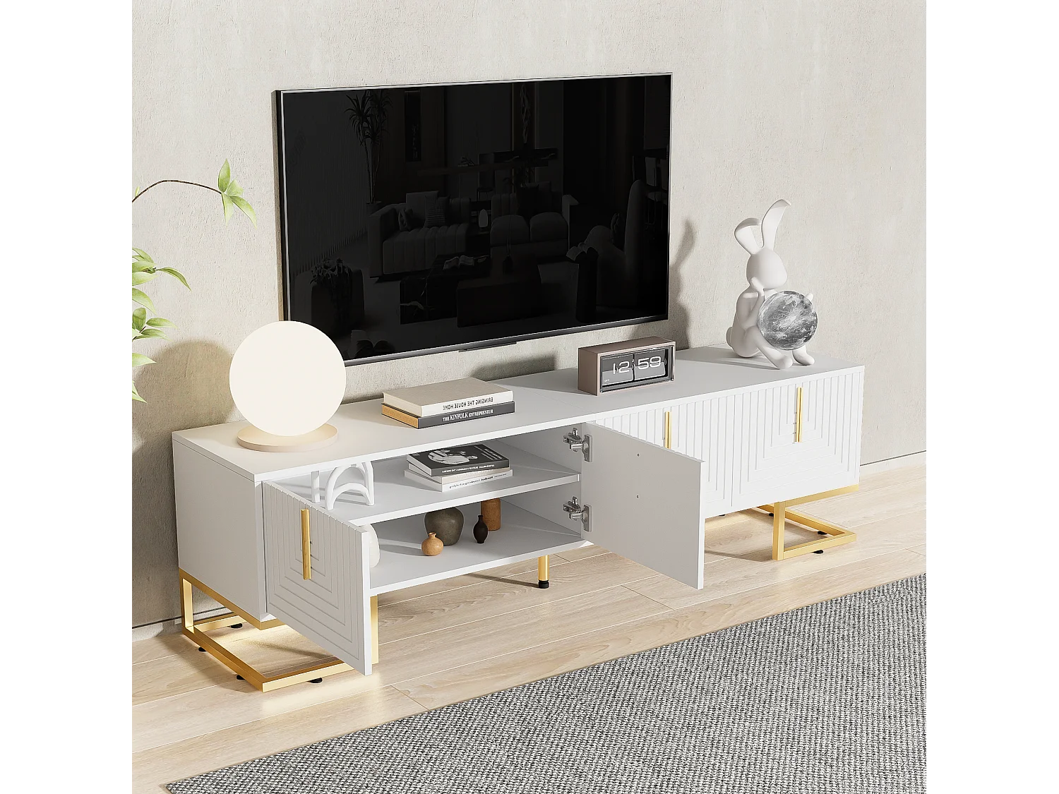 Meuble TV avec 4 portes structurée - 170x40x45,5 cm - Poignées dorées et pieds dorés - Panneaux de particules - Blanc