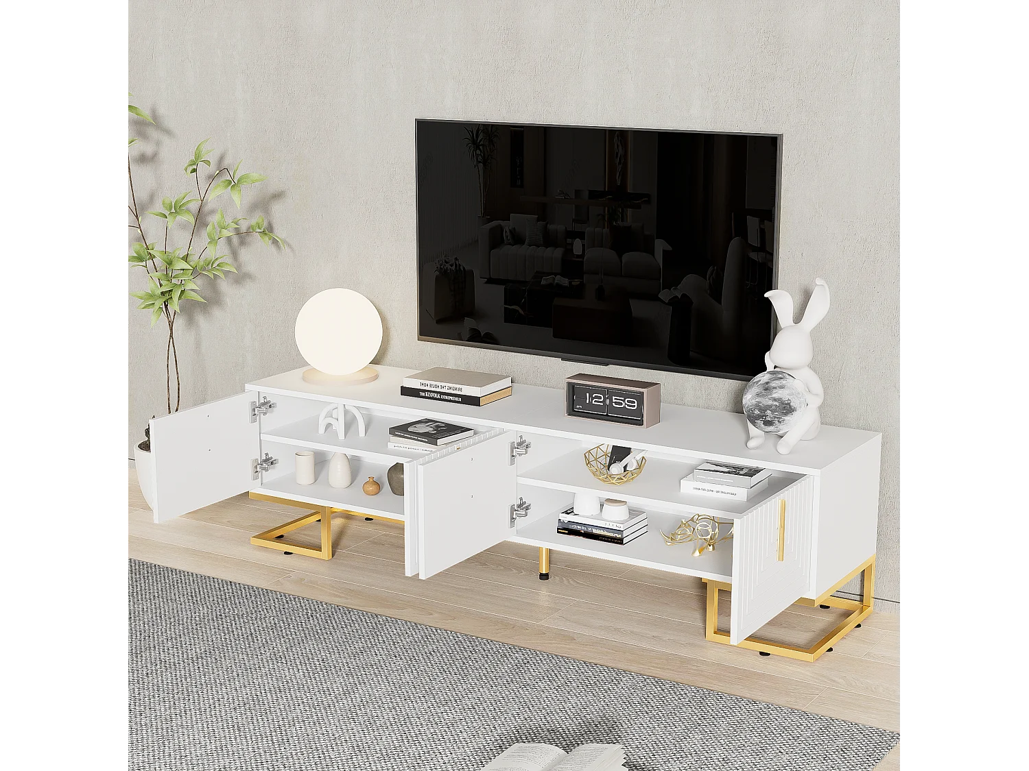 Meuble TV avec 4 portes structurée - 170x40x45,5 cm - Poignées dorées et pieds dorés - Panneaux de particules - Blanc