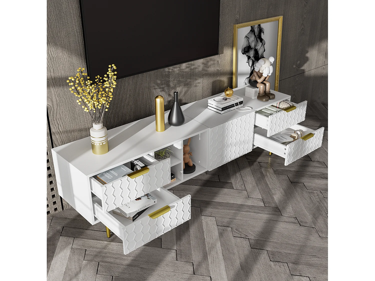 Mobile TV con 4 cassetti e 1 anta e 3 scomparti - 170x40,3x49,9 cm - Truciolare - Bianco