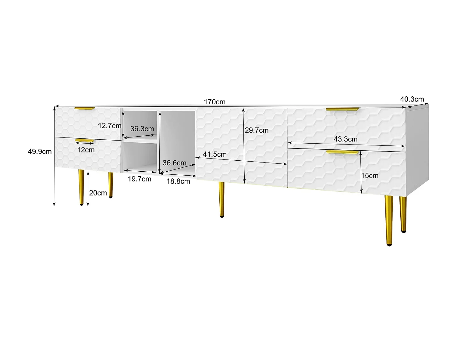 TV-Schrank mit 4 Schubladen und 1 Tür und 3 Fächern – 170 x 40,3 x 49,9 cm – Spanplatte – Weiß