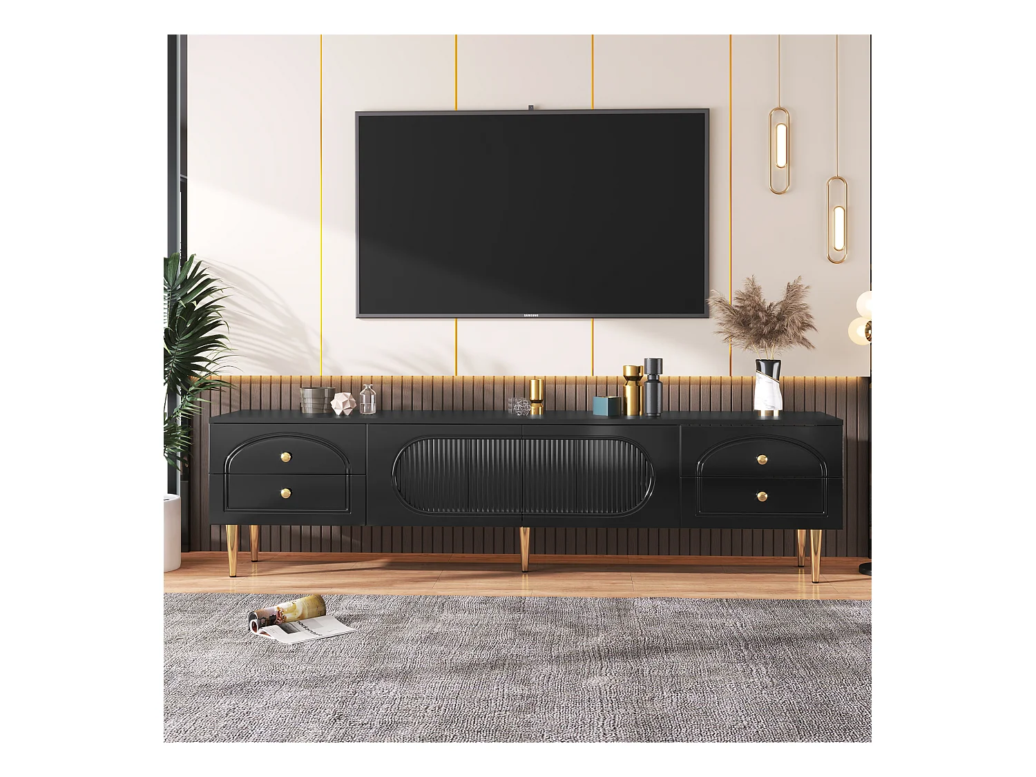 TV-meubel met 2 deuren en 4 lades - 175 x 45 x 35 cm - MDF hout en gouden poten - Zwart