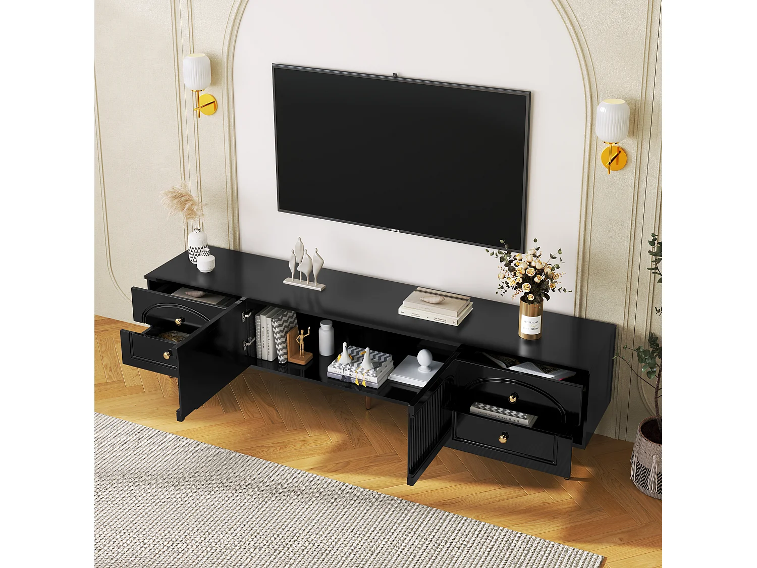 TV-meubel met 2 deuren en 4 lades - 175 x 45 x 35 cm - MDF hout en gouden poten - Zwart