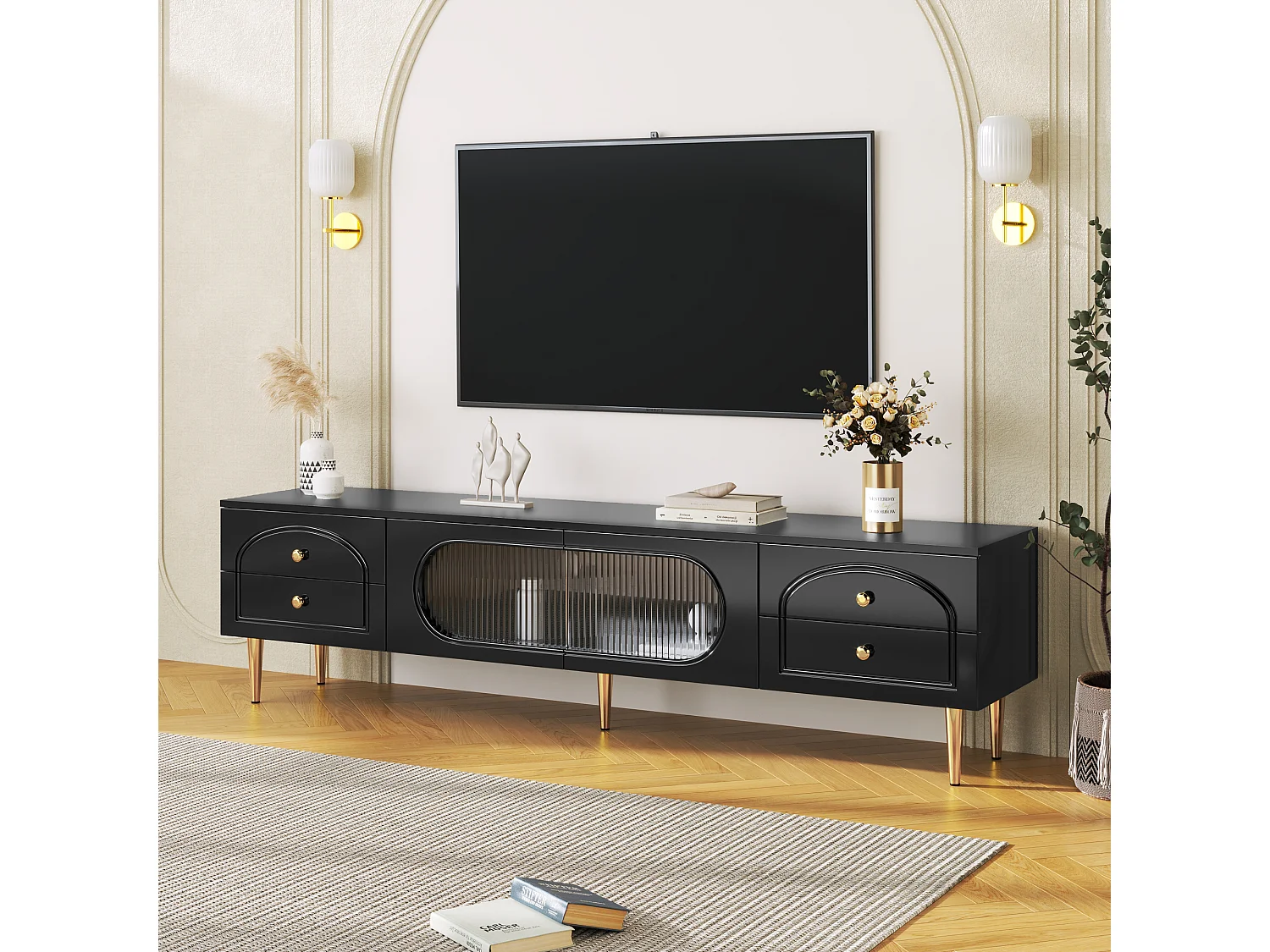 TV-meubel met 2 deuren en 4 lades - 175 x 45 x 35 cm - MDF hout en gouden poten - Zwart