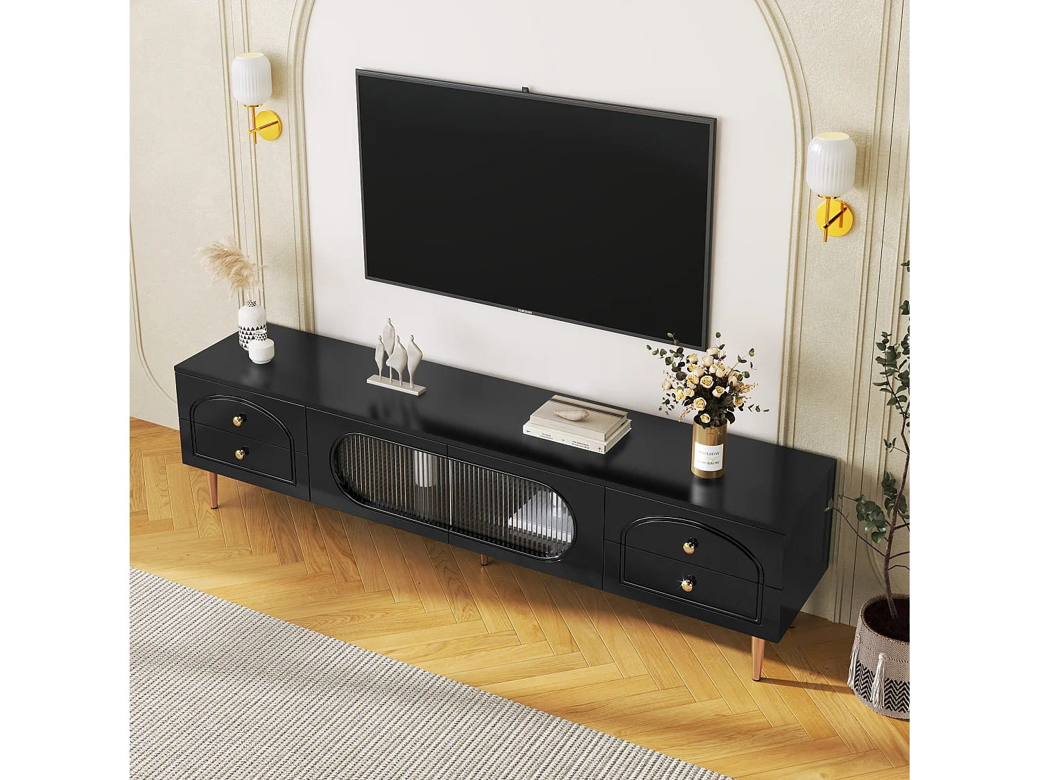 TV-meubel met 2 deuren en 4 lades - 175 x 45 x 35 cm - MDF hout en gouden poten - Zwart