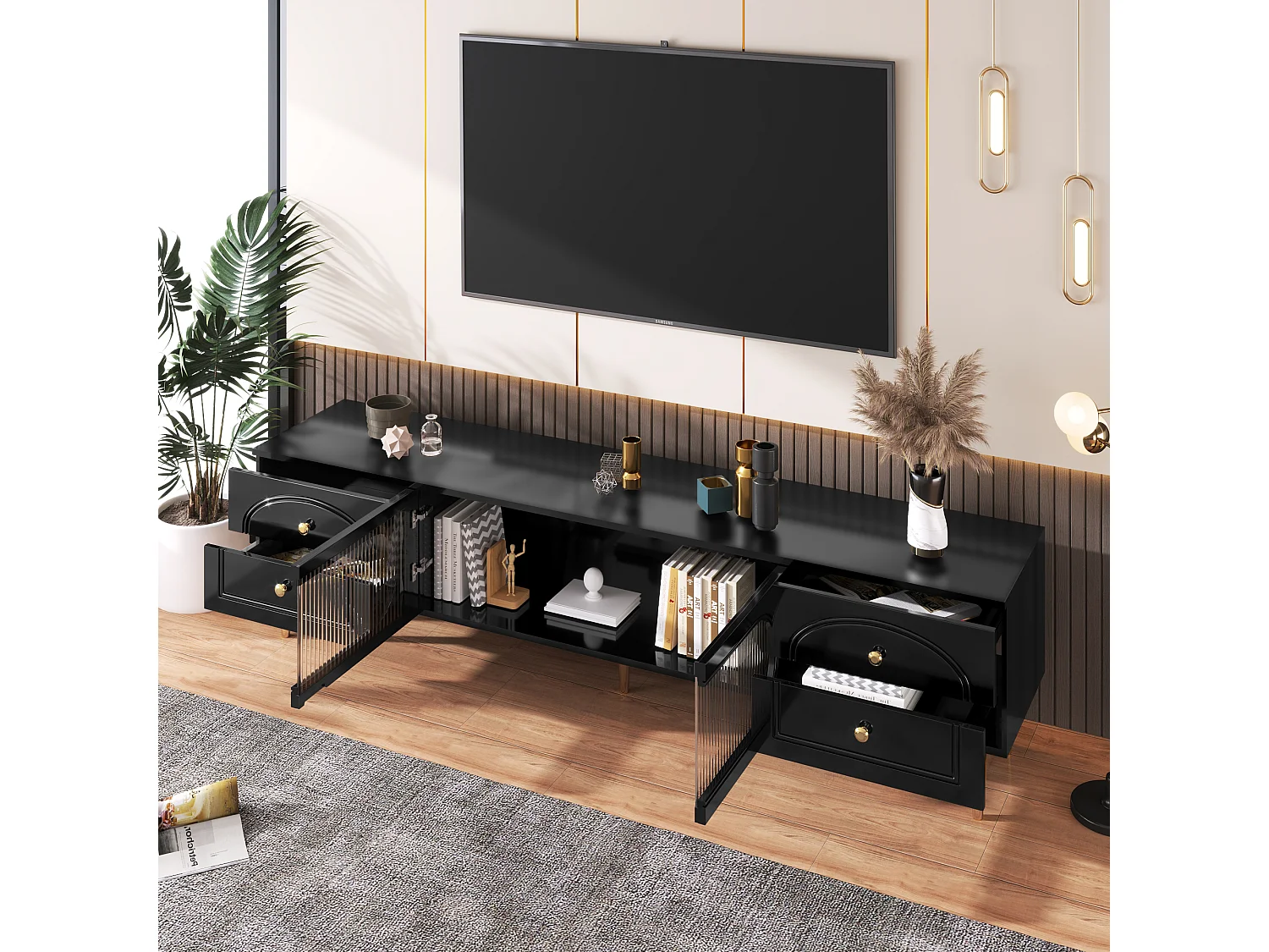 TV-meubel met 2 deuren en 4 lades - 175 x 45 x 35 cm - MDF hout en gouden poten - Zwart