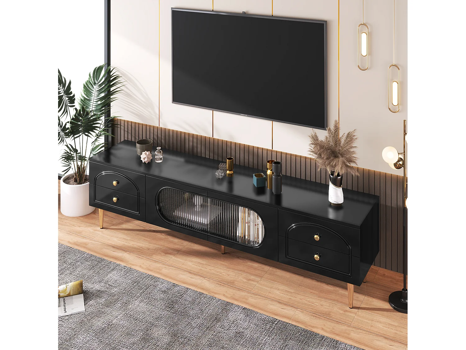TV-meubel met 2 deuren en 4 lades - 175 x 45 x 35 cm - MDF hout en gouden poten - Zwart