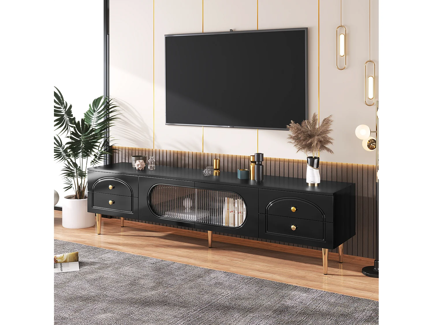 TV-meubel met 2 deuren en 4 lades - 175 x 45 x 35 cm - MDF hout en gouden poten - Zwart