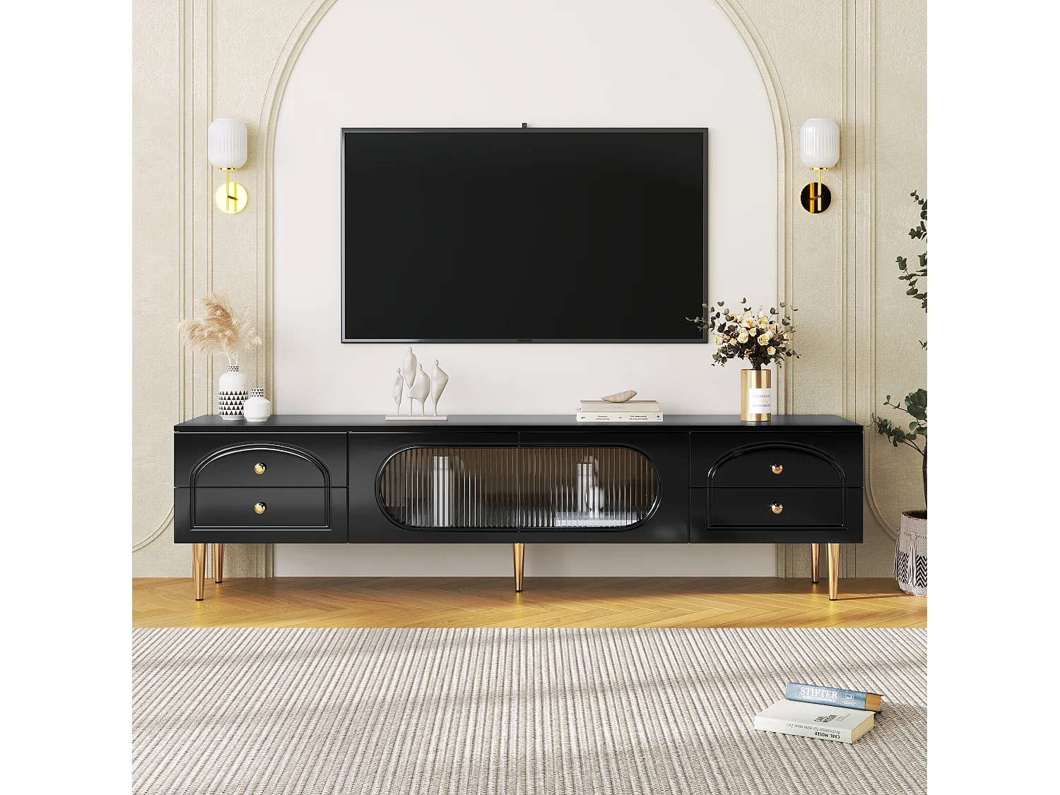 TV-meubel met 2 deuren en 4 lades - 175 x 45 x 35 cm - MDF hout en gouden poten - Zwart