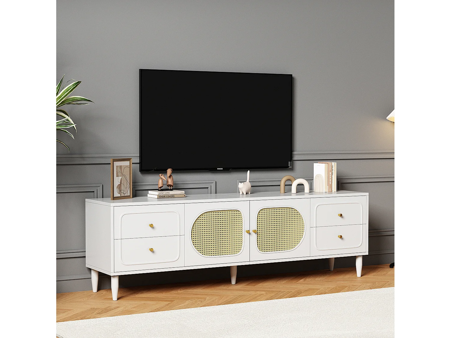 Szafka RTV z 4 szufladami i 2 drzwiami rattanowymi - 180x40x56,5 cm - Płyta wiórowa - Biała