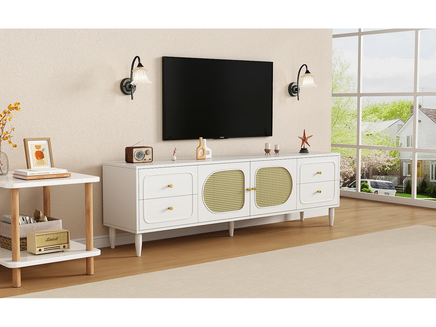 Szafka RTV z 4 szufladami i 2 drzwiami rattanowymi - 180x40x56,5 cm - Płyta wiórowa - Biała