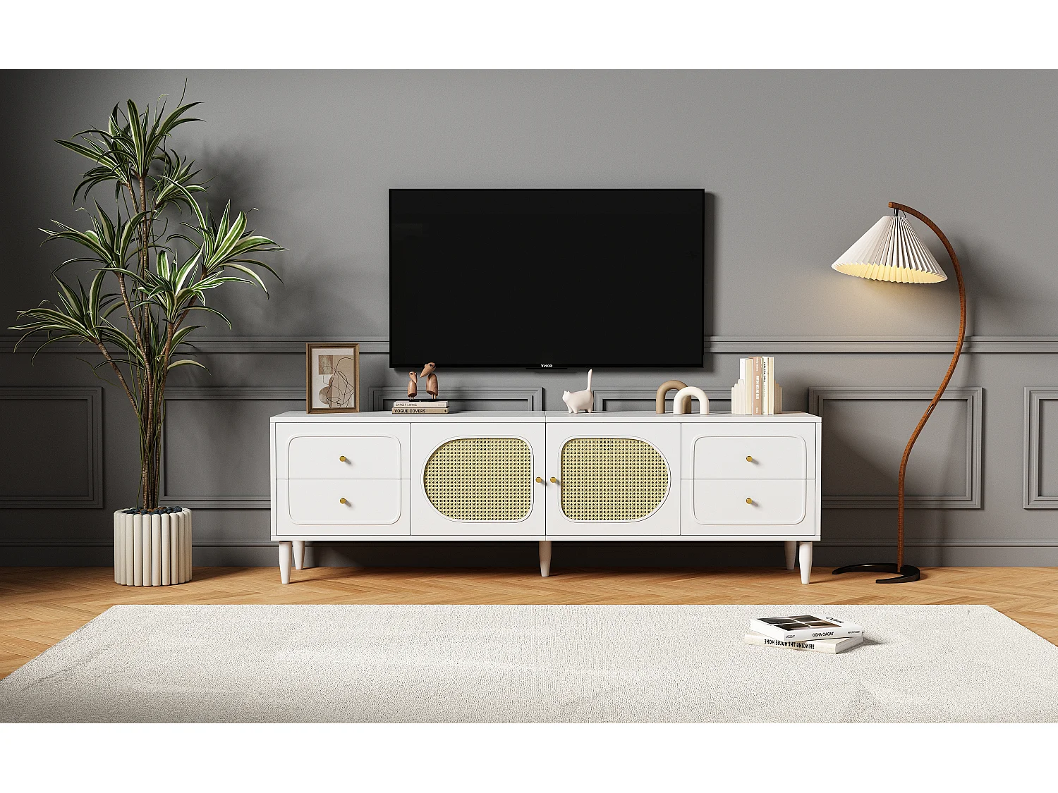 Szafka RTV z 4 szufladami i 2 drzwiami rattanowymi - 180x40x56,5 cm - Płyta wiórowa - Biała