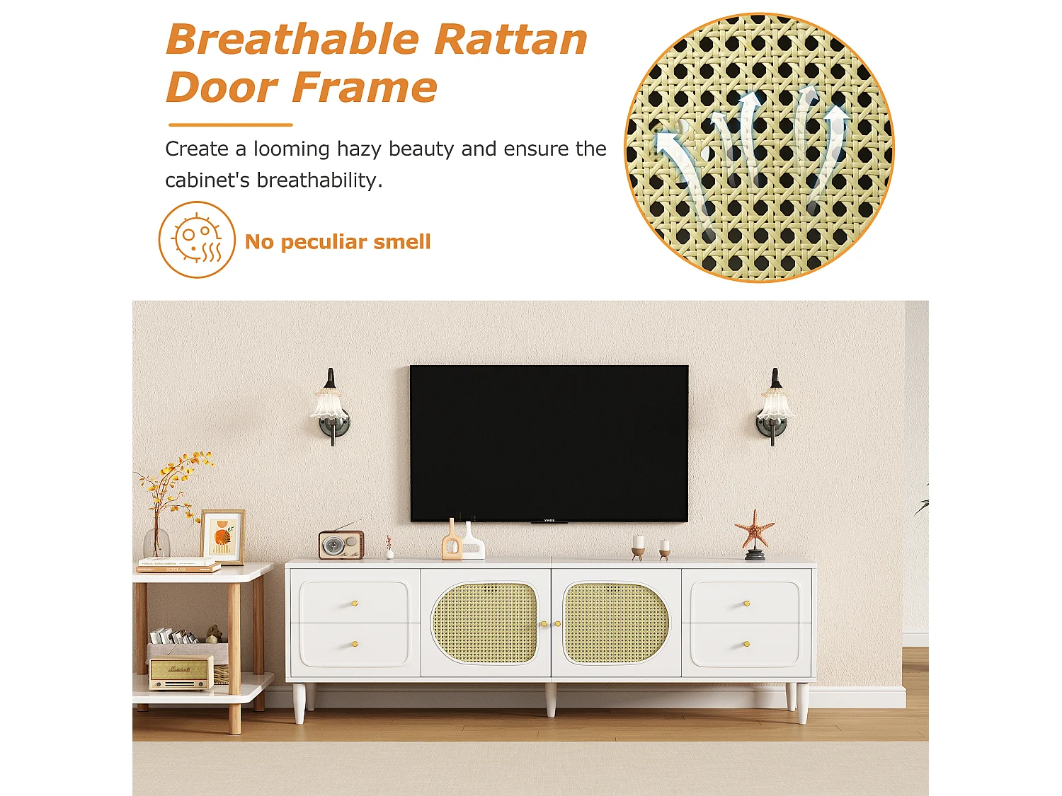 Szafka RTV z 4 szufladami i 2 drzwiami rattanowymi - 180x40x56,5 cm - Płyta wiórowa - Biała