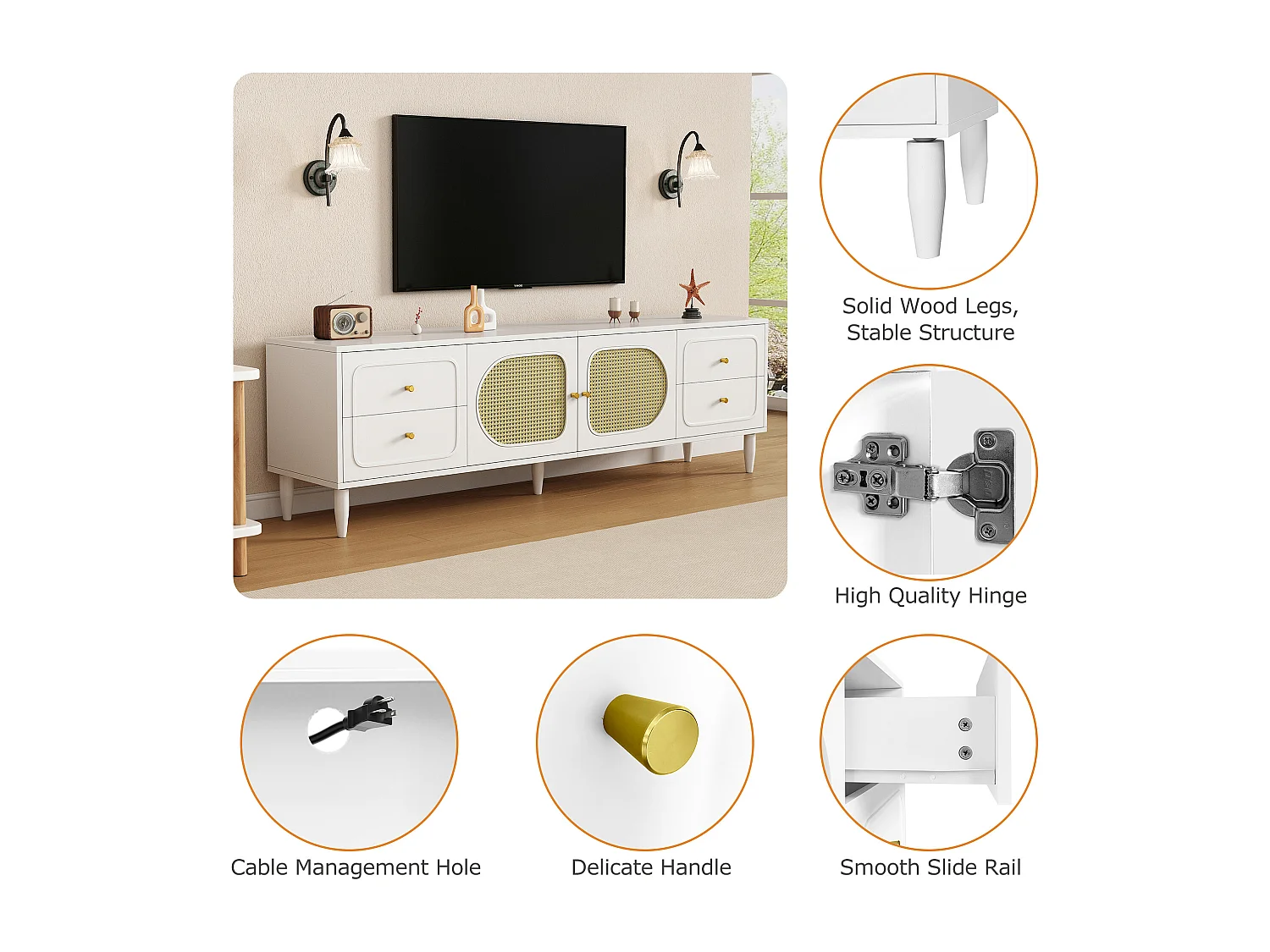 Szafka RTV z 4 szufladami i 2 drzwiami rattanowymi - 180x40x56,5 cm - Płyta wiórowa - Biała