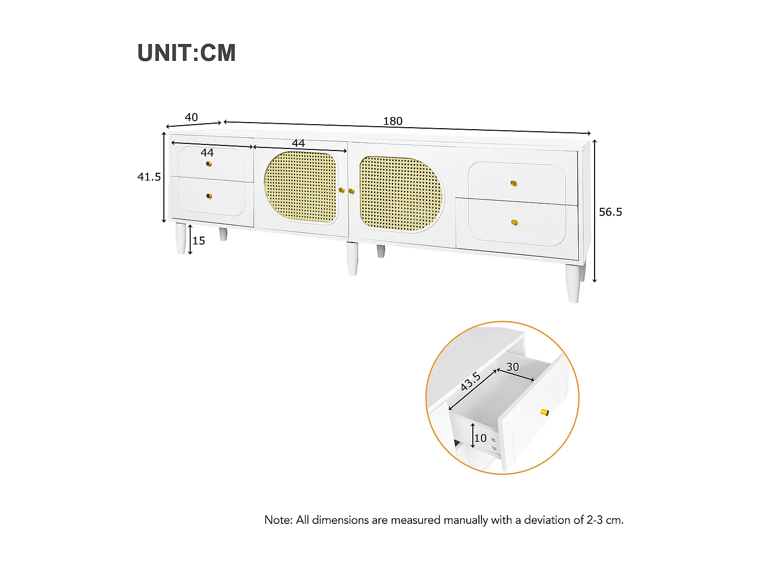 Szafka RTV z 4 szufladami i 2 drzwiami rattanowymi - 180x40x56,5 cm - Płyta wiórowa - Biała