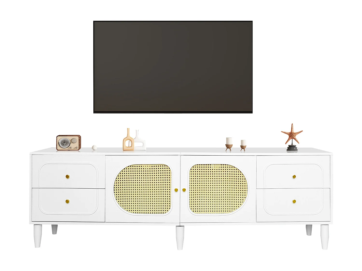 Szafka RTV z 4 szufladami i 2 drzwiami rattanowymi - 180x40x56,5 cm - Płyta wiórowa - Biała