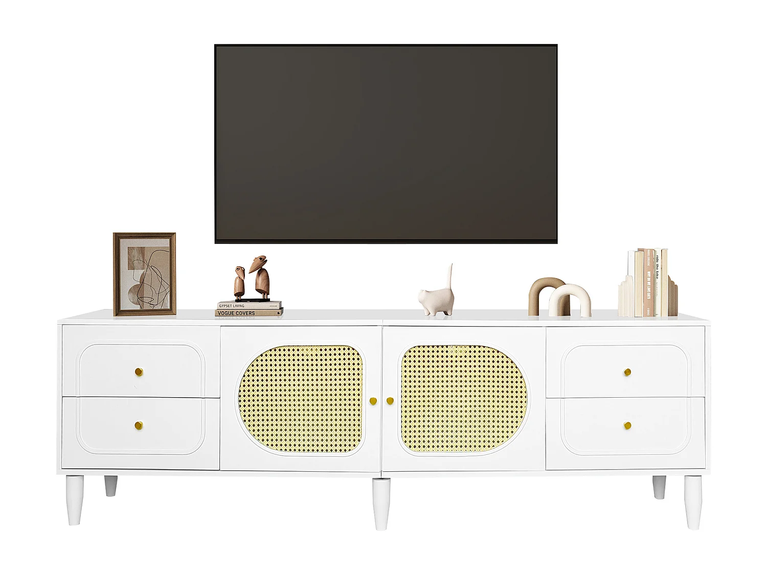 Szafka RTV z 4 szufladami i 2 drzwiami rattanowymi - 180x40x56,5 cm - Płyta wiórowa - Biała