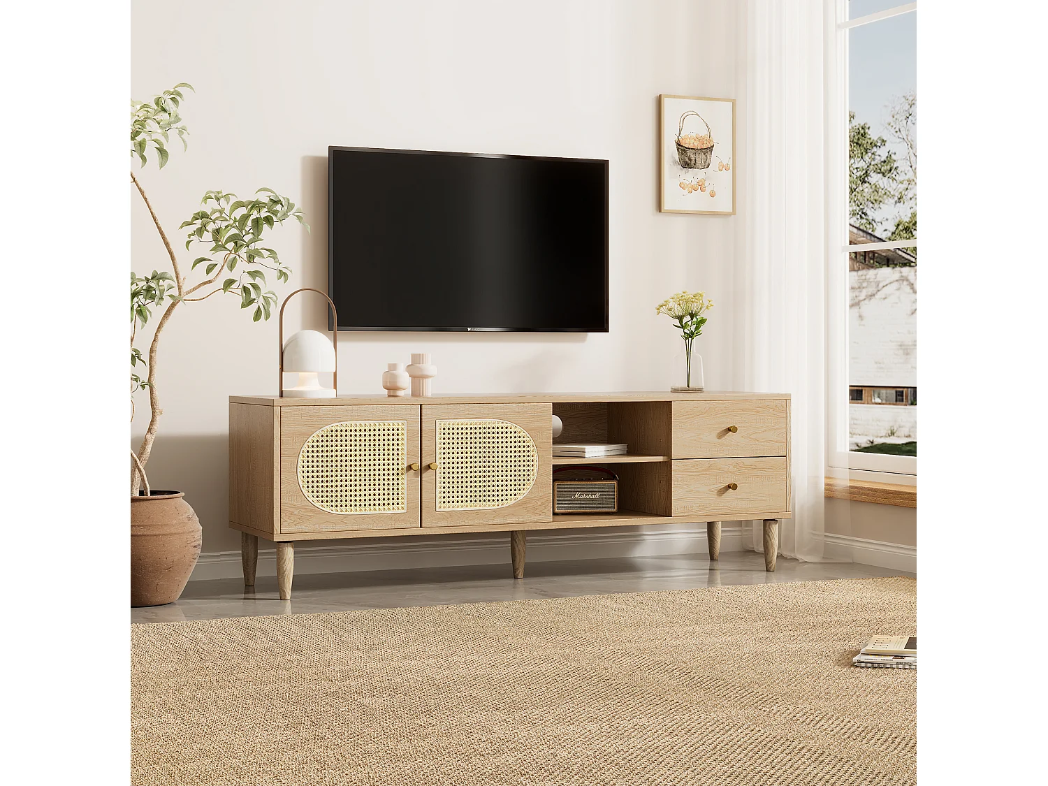 Meuble TV avec 2 tiroirs et 2 portes en rotin & 2 niches - 150 x 40 x 50 cm - Panneaux de particules - Chêne
