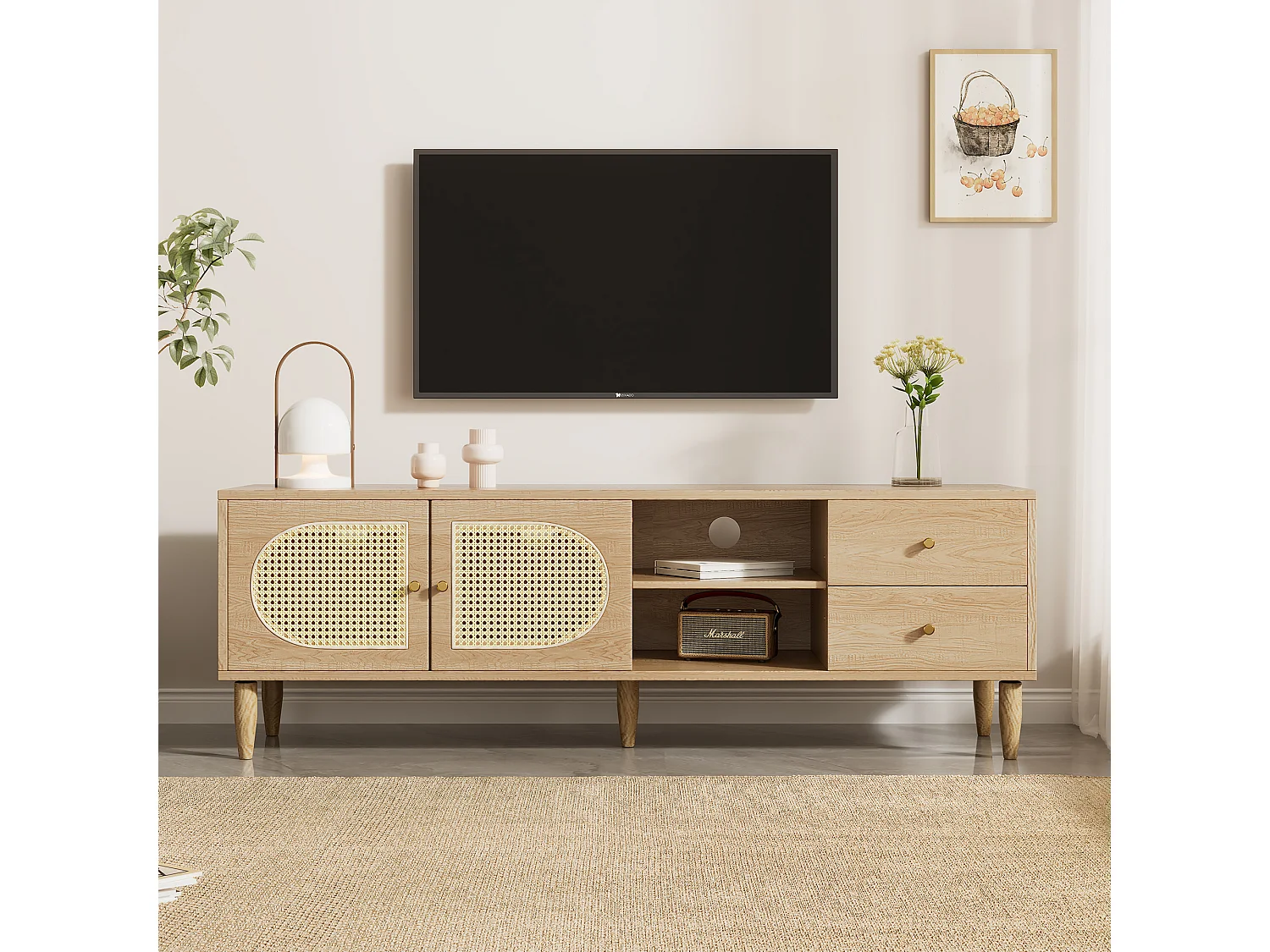 Meuble TV avec 2 tiroirs et 2 portes en rotin & 2 niches - 150 x 40 x 50 cm - Panneaux de particules - Chêne