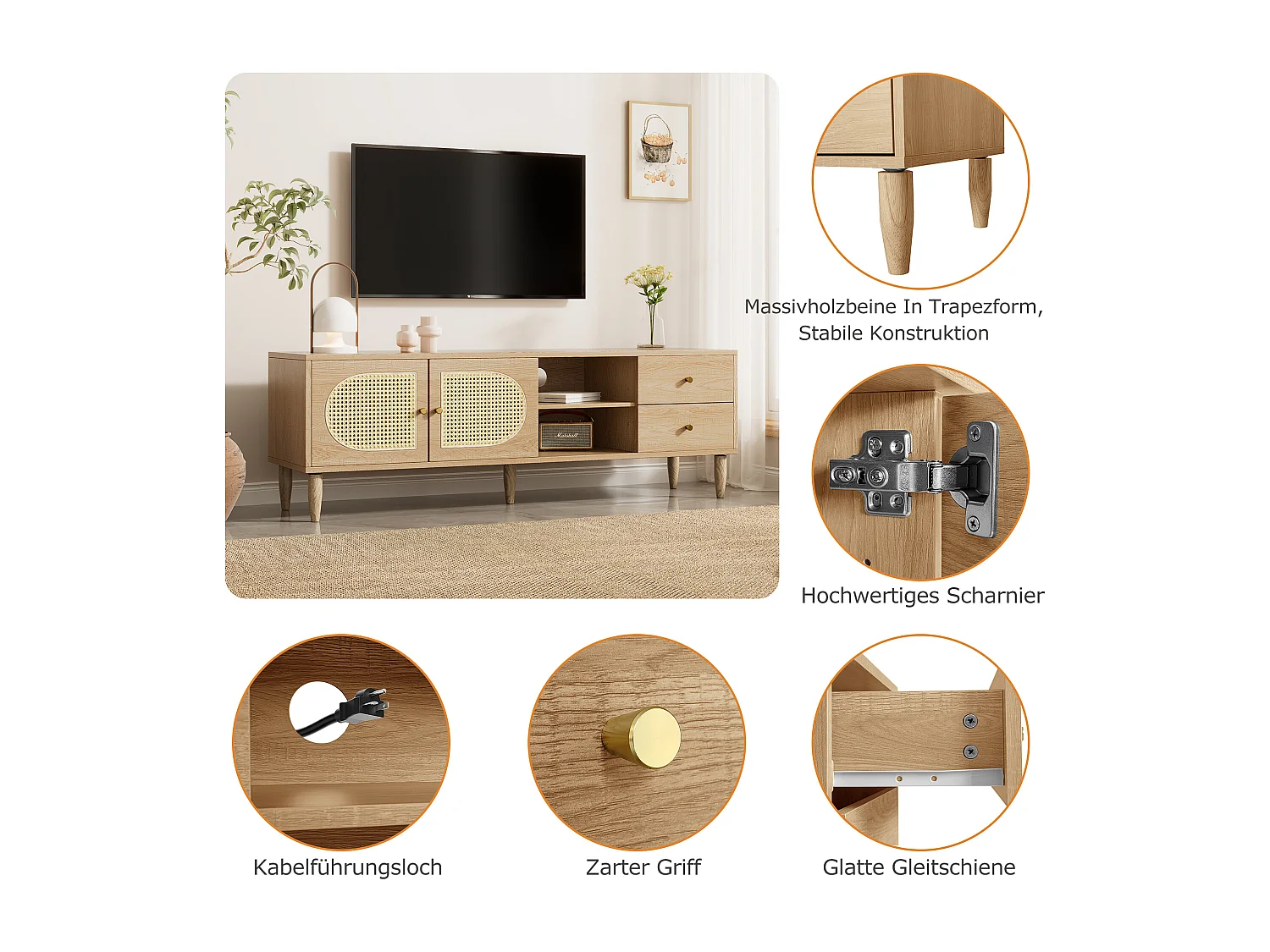 Meuble TV avec 2 tiroirs et 2 portes en rotin & 2 niches - 150 x 40 x 50 cm - Panneaux de particules - Chêne