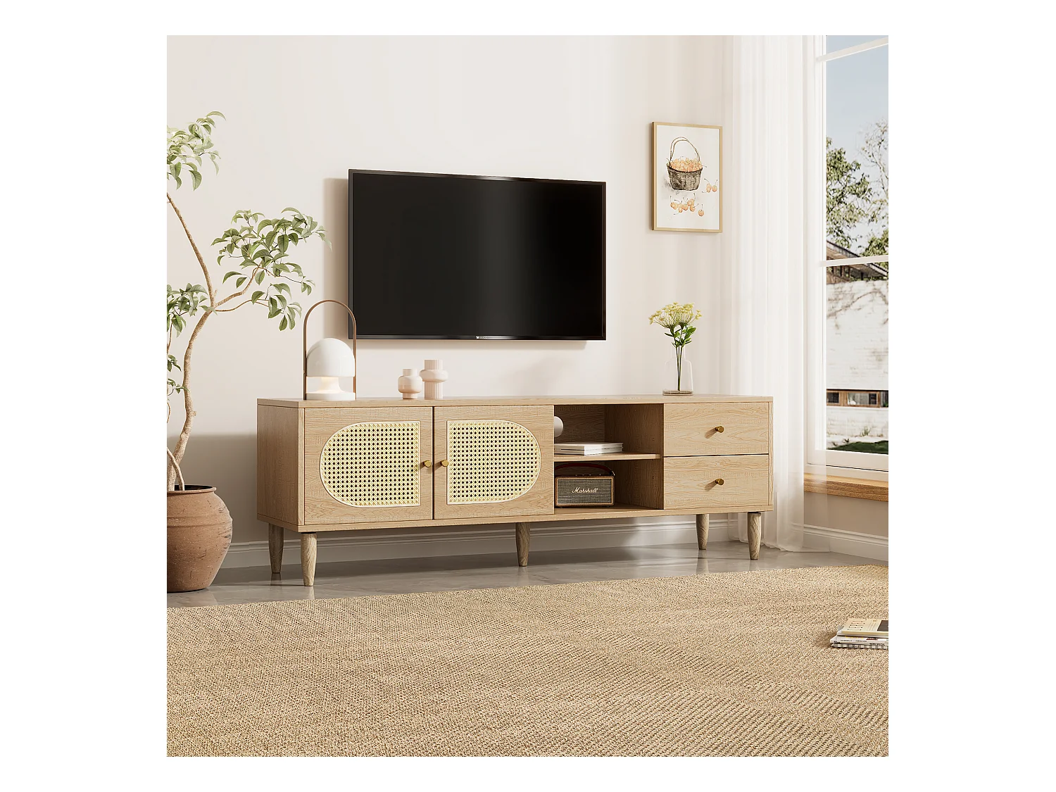 TV-meubel met 2 lades en 2 rotan deuren & 2 nissen - 150 x 40 x 50 cm - Spaanplaat - Eiken