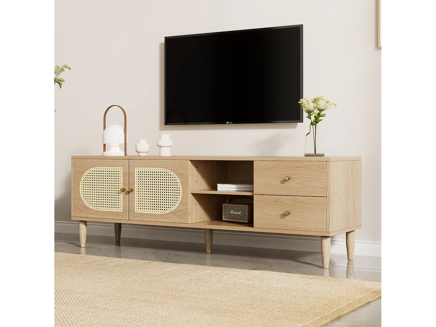 Meuble TV avec 2 tiroirs et 2 portes en rotin & 2 niches - 150 x 40 x 50 cm - Panneaux de particules - Chêne