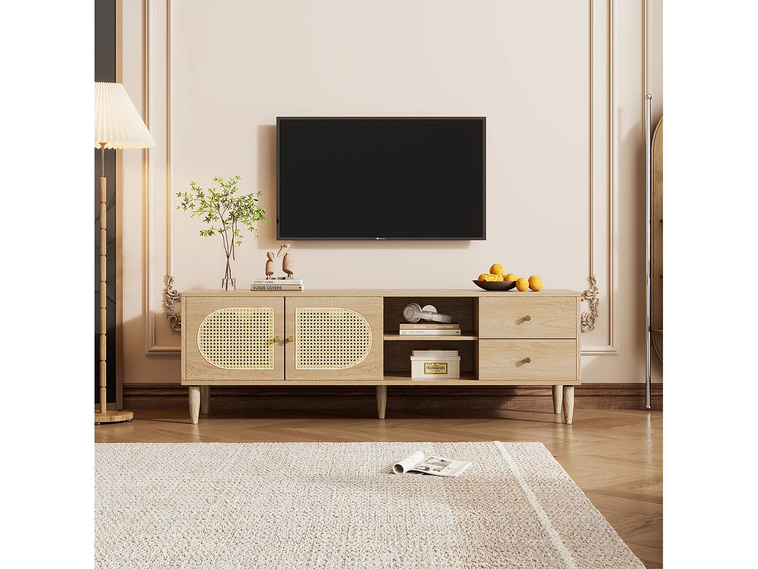 Meuble TV avec 2 tiroirs et 2 portes en rotin & 2 niches - 150 x 40 x 50 cm - Panneaux de particules - Chêne