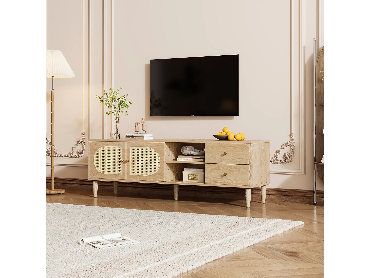 Meuble TV avec 2 tiroirs et 2 portes en rotin & 2 niches - 150 x 40 x 50 cm - Panneaux de particules - Chêne