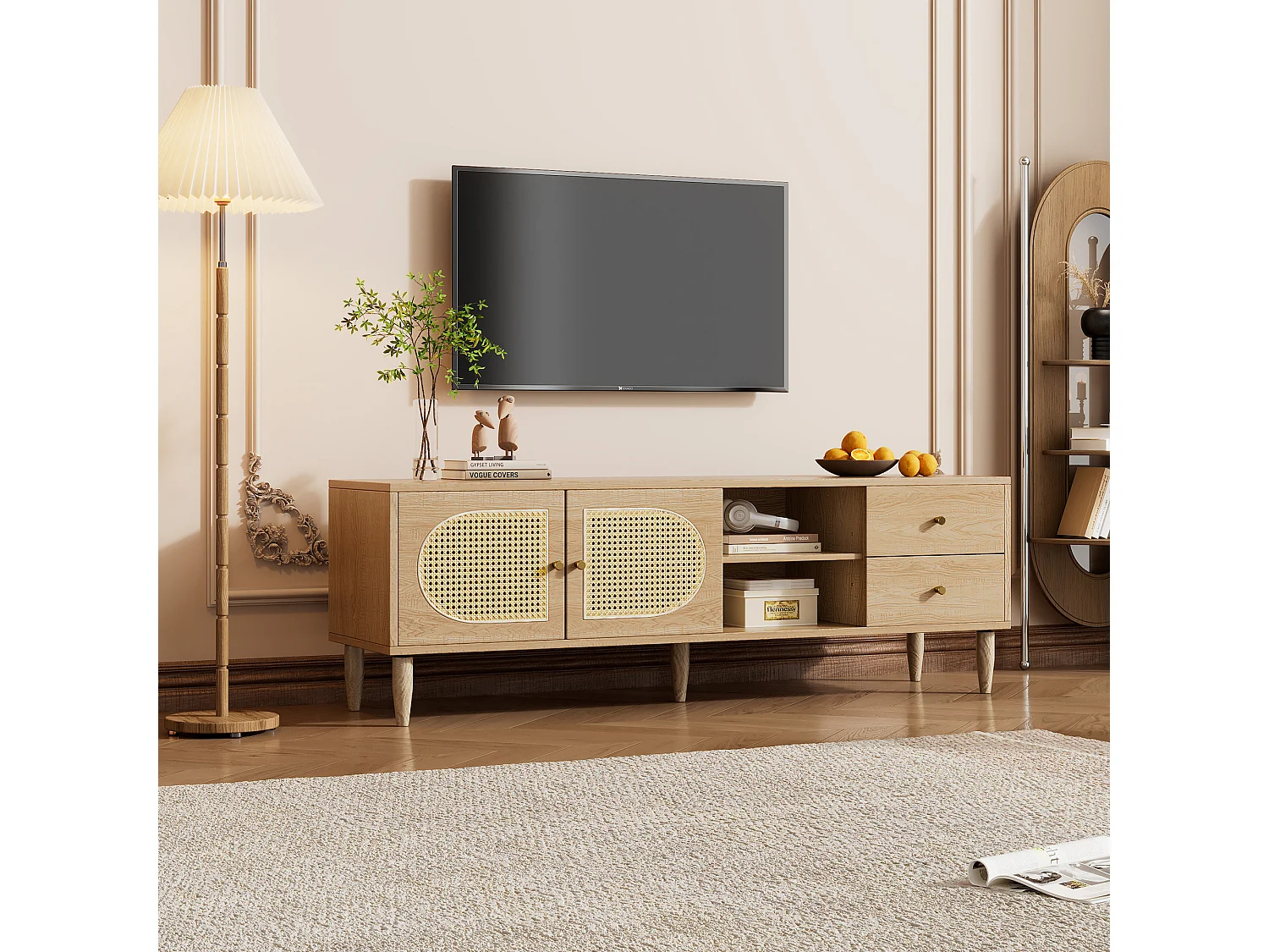 Meuble TV avec 2 tiroirs et 2 portes en rotin & 2 niches - 150 x 40 x 50 cm - Panneaux de particules - Chêne