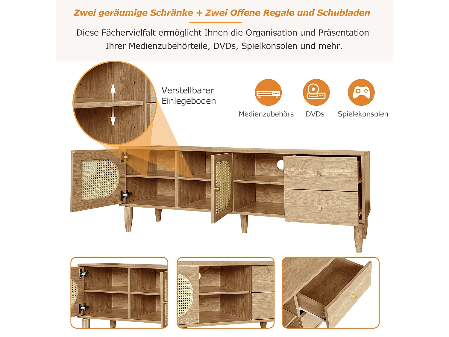 Meuble TV avec 2 tiroirs et 2 portes en rotin & 2 niches - 150 x 40 x 50 cm - Panneaux de particules - Chêne