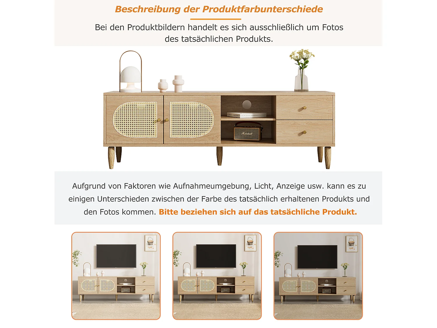 Meuble TV avec 2 tiroirs et 2 portes en rotin & 2 niches - 150 x 40 x 50 cm - Panneaux de particules - Chêne