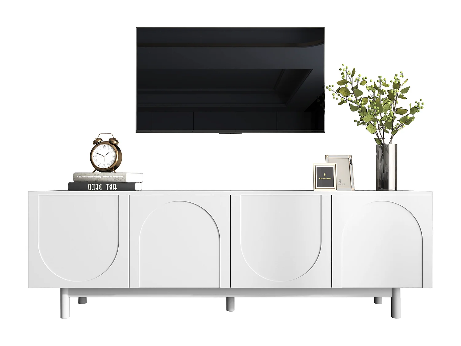 Meuble TV moderne avec 4 portes - 175x38x56cm - Panneaux de particules - blanc