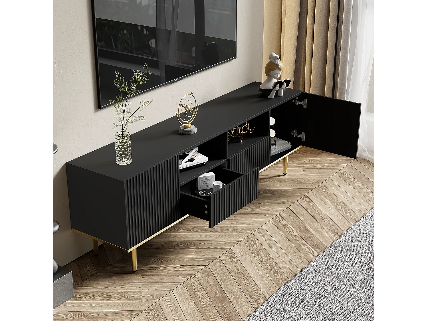 Szafka RTV z 2 drzwiami, 2 szufladami i 2 wnękami - 165x36x55cm - Płyta wiórowa i złote nogi - Czarna