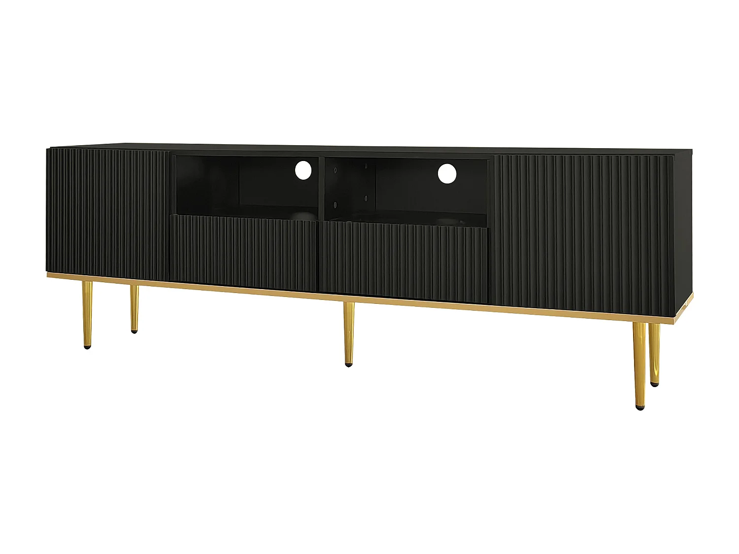 Meuble TV avec 2 portes, 2 tiroirs et 2 niches - 165x36x55cm - Panneaux de particules et pièds dorés - Noir