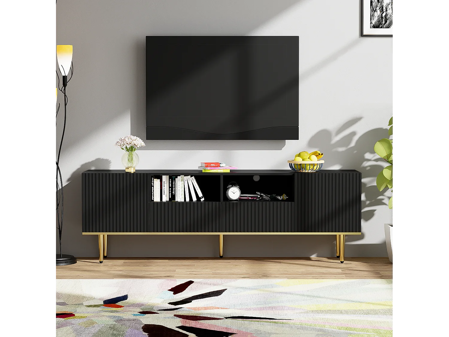 Mueble TV con 2 puertas, 2 cajones y 2 nichos - 165x36x55cm - Tablero de partículas y patas doradas - Negro