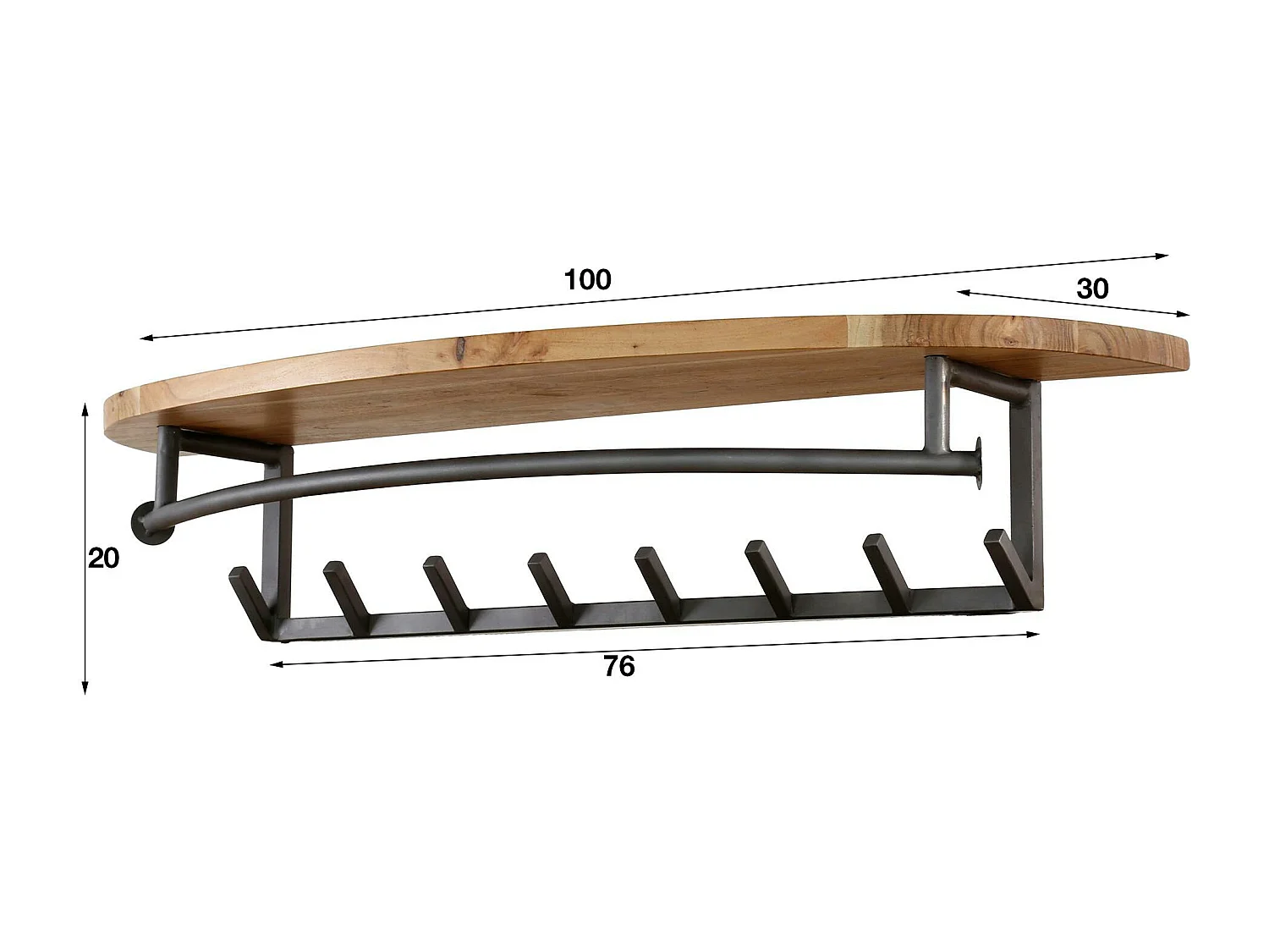 Portemanteau mural 8 accroches 1 étagère ronde en bois MELBOURNE