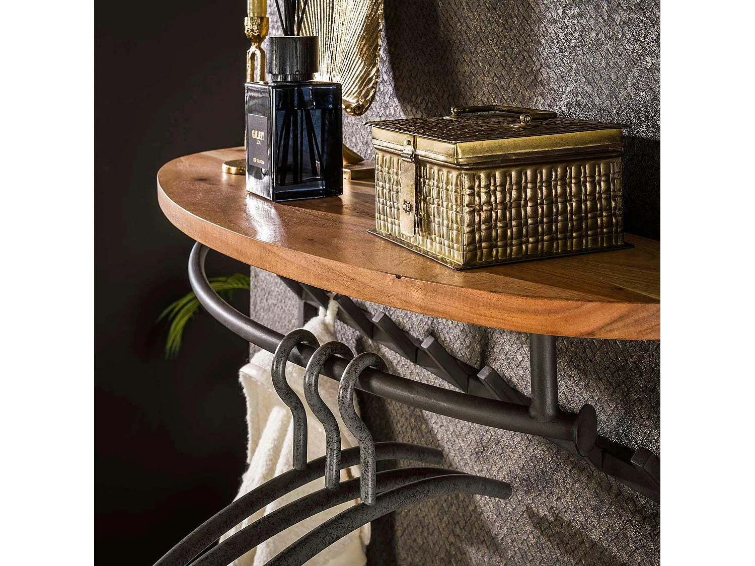 Portemanteau mural 16 accroches 1 étagère ronde en bois MELBOURNE