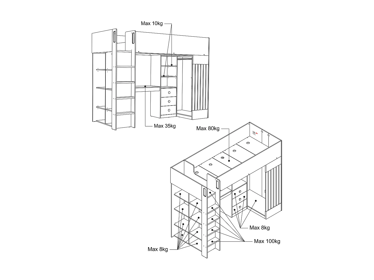Hoogslaper 90 x 190 cm met bureau en hangkast - Kleur: wit en naturel - LORINTI