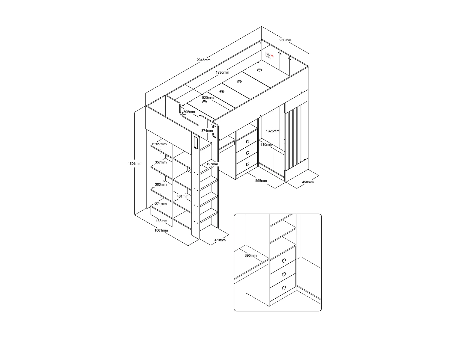 Hoogslaper 90 x 190 cm met bureau en hangkast - Kleur: wit en naturel - LORINTI