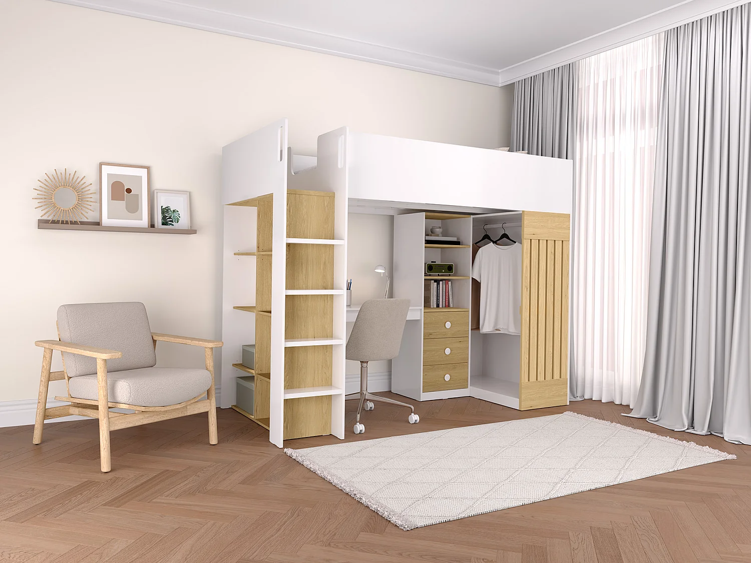 Letto a soppalco 90 x 190 cm con vani scrivania e bastone appendiabiti Bianco e Naturale - LORINTI