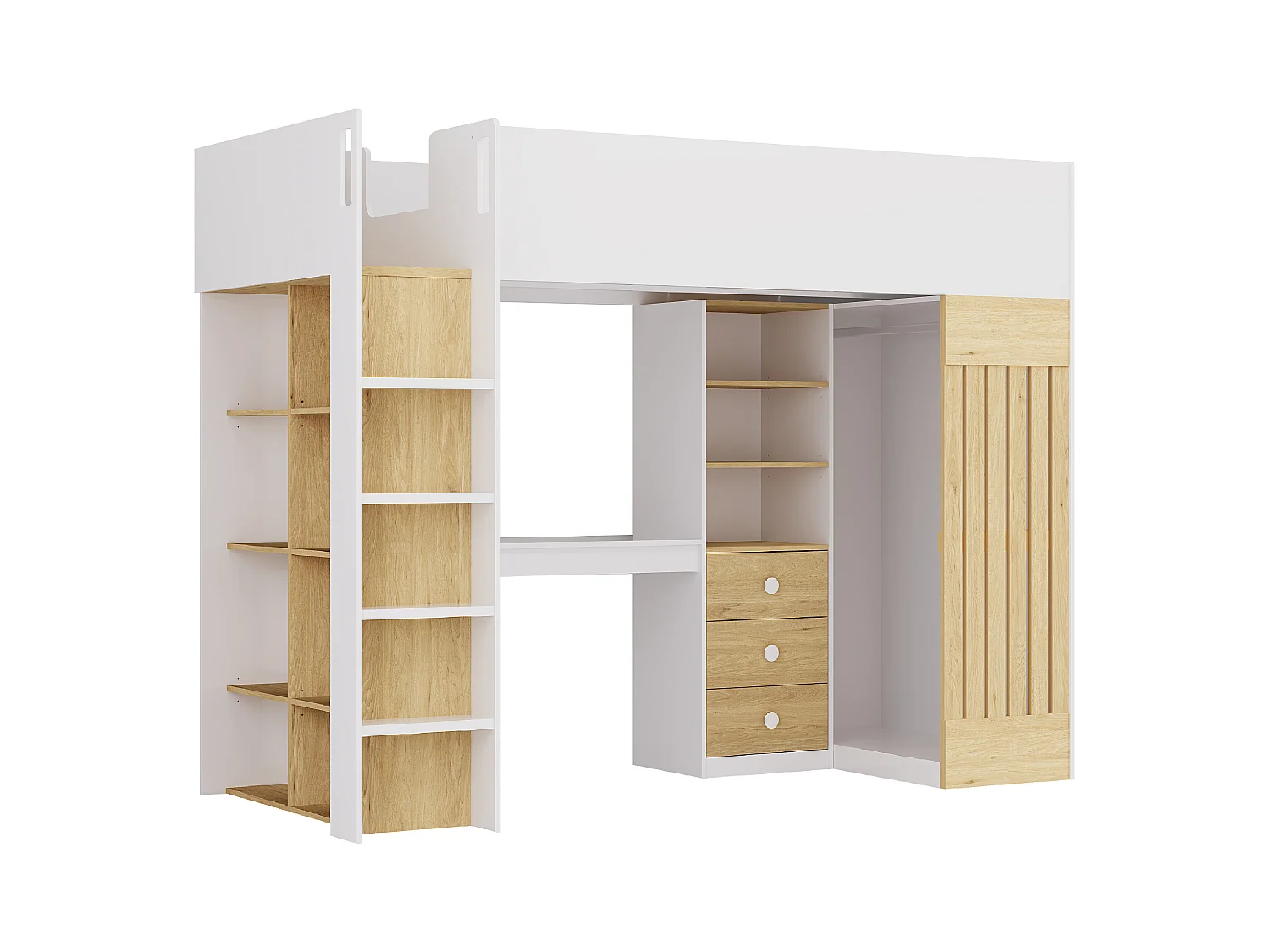 Lit mezzanine 90 x 190 cm avec bureau et penderie - Coloris : Blanc et naturel - LORINTI