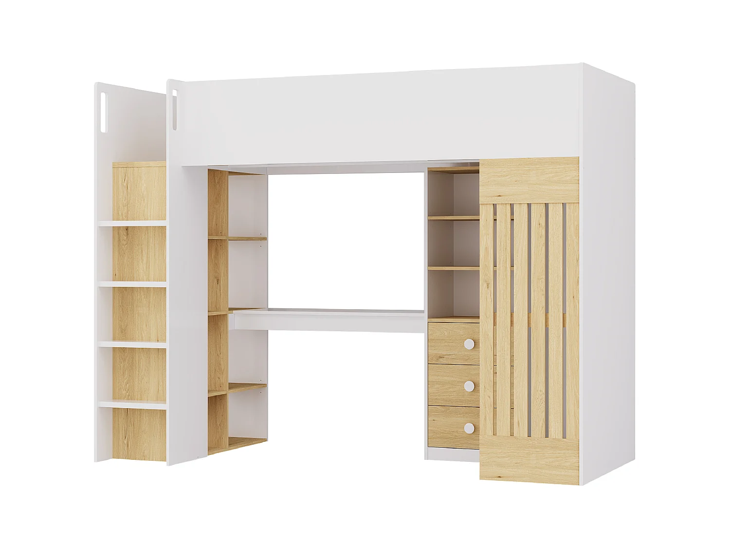 Lit mezzanine 90 x 190 cm avec bureau et penderie - Coloris : Blanc et naturel - LORINTI