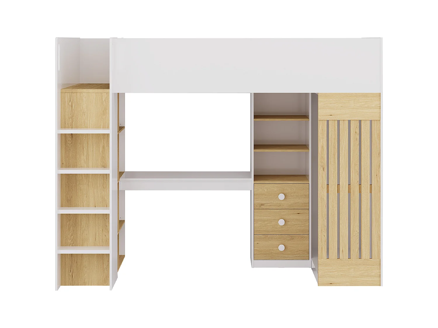 Lit mezzanine 90 x 190 cm avec bureau et penderie - Coloris : Blanc et naturel - LORINTI