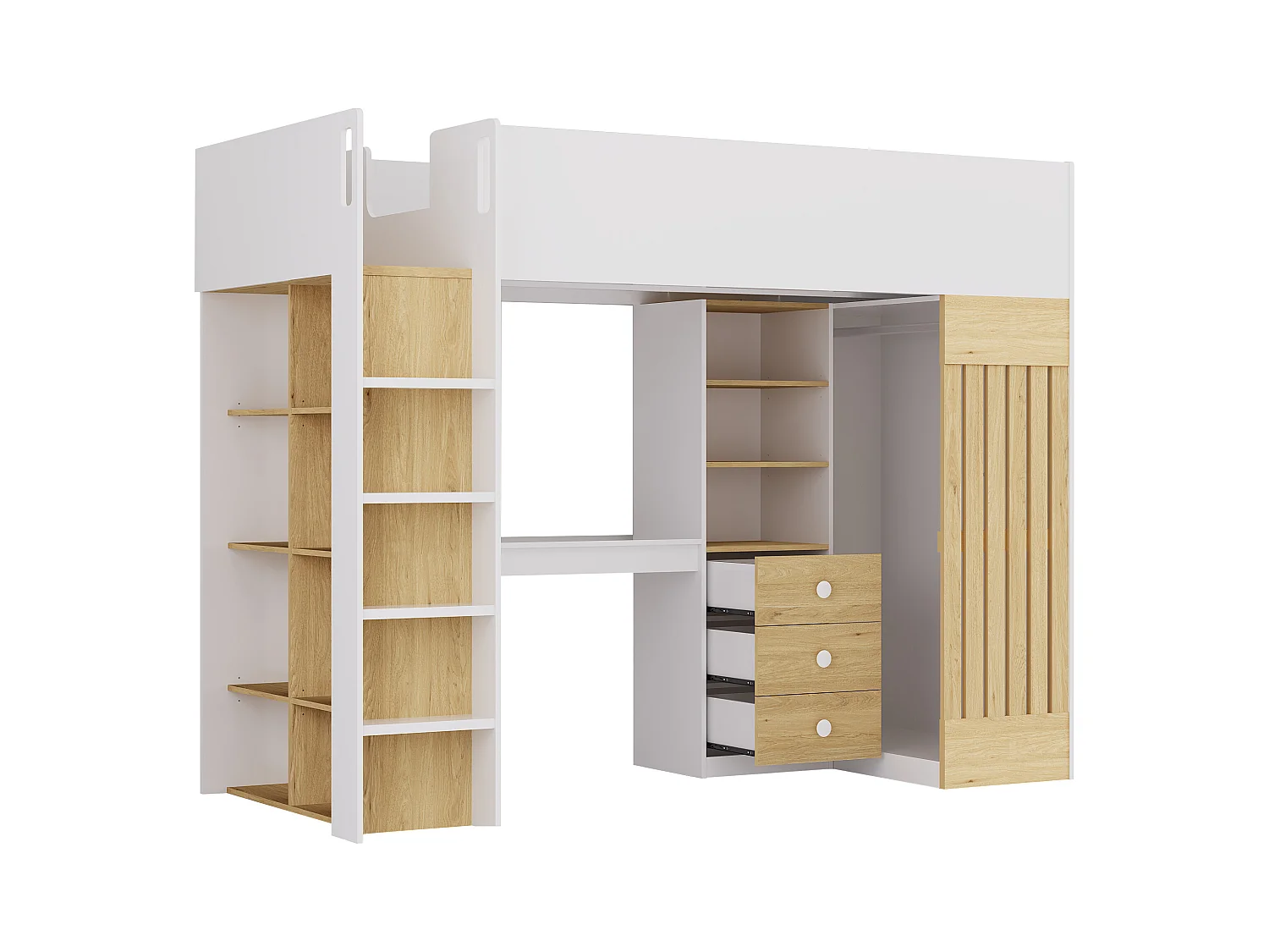 Lit mezzanine 90 x 190 cm avec bureau et penderie - Coloris : Blanc et naturel - LORINTI